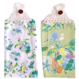 Hand Crafted Colorful Turtles Print Hanging Hand Towels Crochet Top